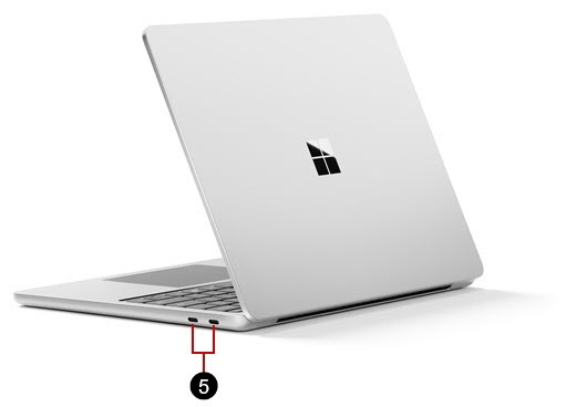 A Surface Laptop 13-inch with the ports labeled.