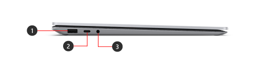 Shows the side of the Surface Laptop 5, with callouts for included features.