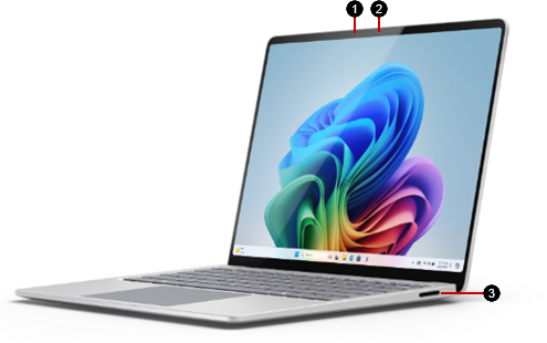 Screenshot that shows a Surface Laptop 7th Edition with the hardware features identified.