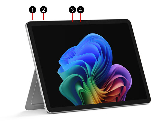 A Surface Pro 12-inch with labels identifying the power button, the volume buttons, the Windows Hello camera, and the front-facing camera.