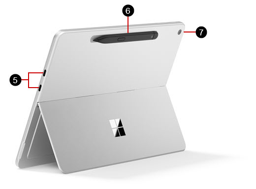 A Surface Pro 12-inch with labels identifying the USB ports, the Surface Slim Pen storage and charging area, and the rear camera.