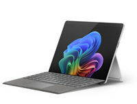 Screenshot that shows Surface Pro (11th Edition) on kickstand platinum keyboard facing left with bloom on the screen.