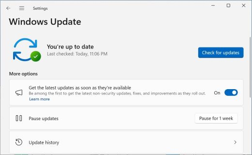 Shows the Windows Update screen, with the toggle that allows you to choose whether to get the latest updates as soon as theyre available.