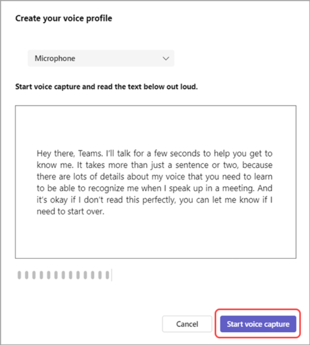 Screenshot of Create your voice profile dialog with Start voice capture button highlighted.