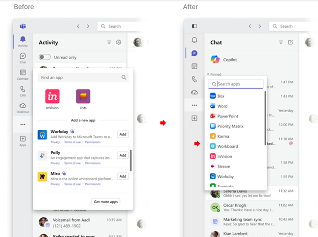Screenshot of a before and after look at hiding app labels in Teams.