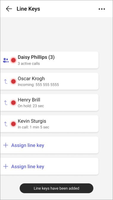 Screenshot showing a shared line thats been assigned to a line key, the members of the shared line, and their call status.