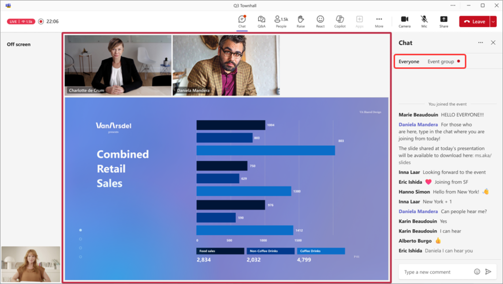 Screenshot showing a town hall in Teams with the organizers chat feed displayed.