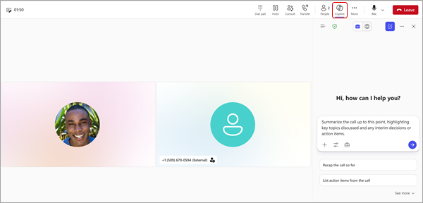 Screenshot showing Copilot icon highlighted and Copilot sidebar open in a call.