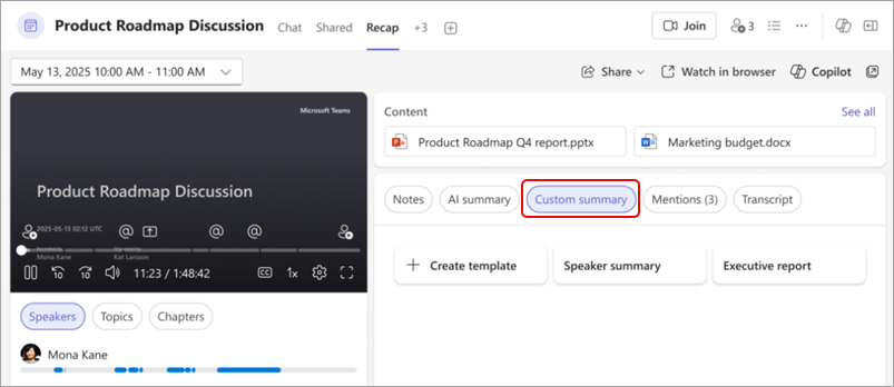 Screenshot showing a customized Teams recap summary, highlighting the Custom summary button.