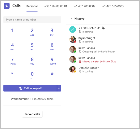 Screenshot showing the Teams dial pad with multiple phone lines available.