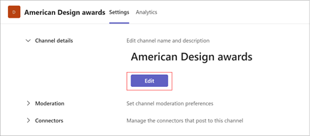 Screenshot of the American Design Awards channel settings page. Select edit to update the channel name and description. It also includes sections for moderation and connectors.