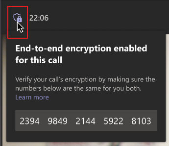 A mouse hovers over the encryption shield icon. A message with a group of numbers shows telling the person to verify that the numbers match with others on the call to make sure theyre in an end-to-end encrypted call.