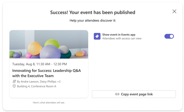 Screenshot of a confirmation message after publishing a Teams event