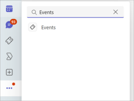 A screenshot the search result for Events in Teams apps