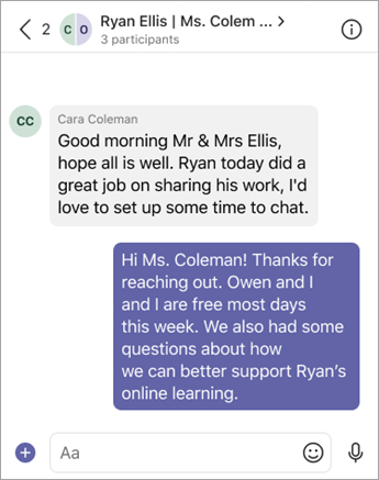 A parent/guardian sends a Teams message to their childs teacher