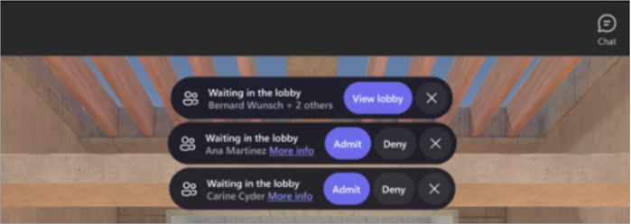 Screenshot showing an organizers view of lobby notifications in an immersive event.