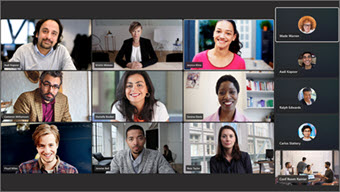 A gallery of 12 video-conference participants images, including a conference room tiles..