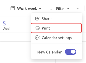 Screenshot highlighting Print option in a Teams calendar.