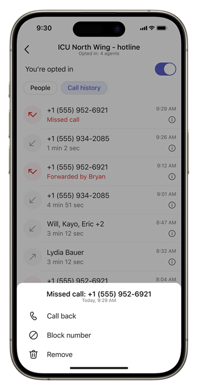 Screenshot of the Call history tab of the Queues app on mobile, showing more actions.