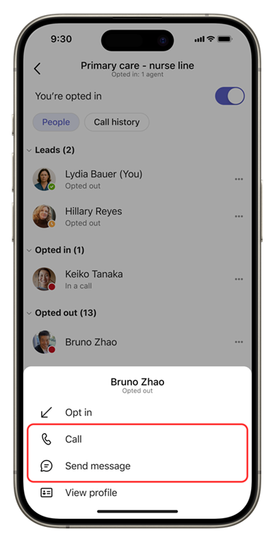 Screenshot of the Queues app on mobile, showing options to interact with a team member.