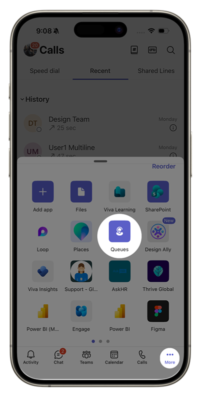 Screenshot of the Teams mobile app tab bar with the More menu open, showing the Queues app.