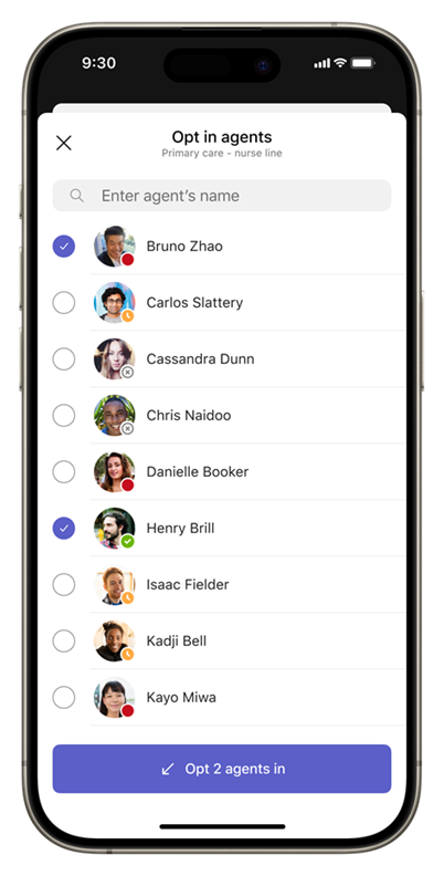 Screenshot of the People tab of the Queues app on mobile, showing the Opt in agents list.