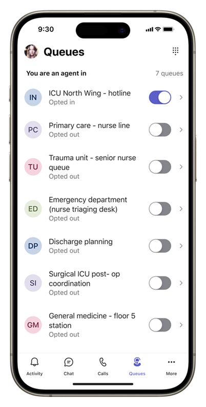 Screenshot of the Queues app home screen on mobile, showing call queues with opt-in toggles next to each queue.
