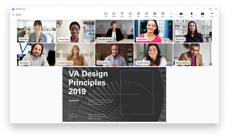 Screenshot showing dynamic sizing of meeting gallery and shared content window.