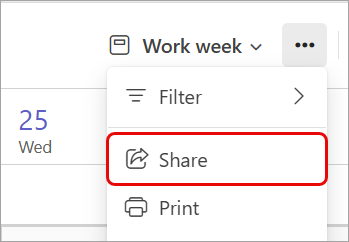 Screenshot highlighting the Share option in a Teams calendar.