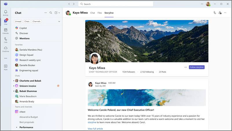 Profile page with mountain banner, persons photo, name, title, follower counts, and a post with a link for more info.