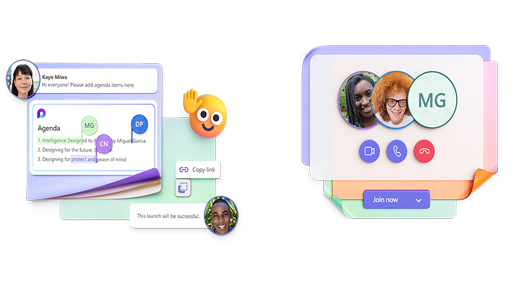 Animated illustration of Teams chat windows and emojis.