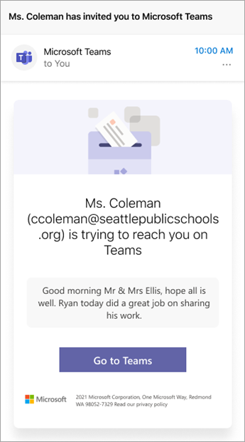 Mobile screenshot of educators invitation to join conversation on Teams.