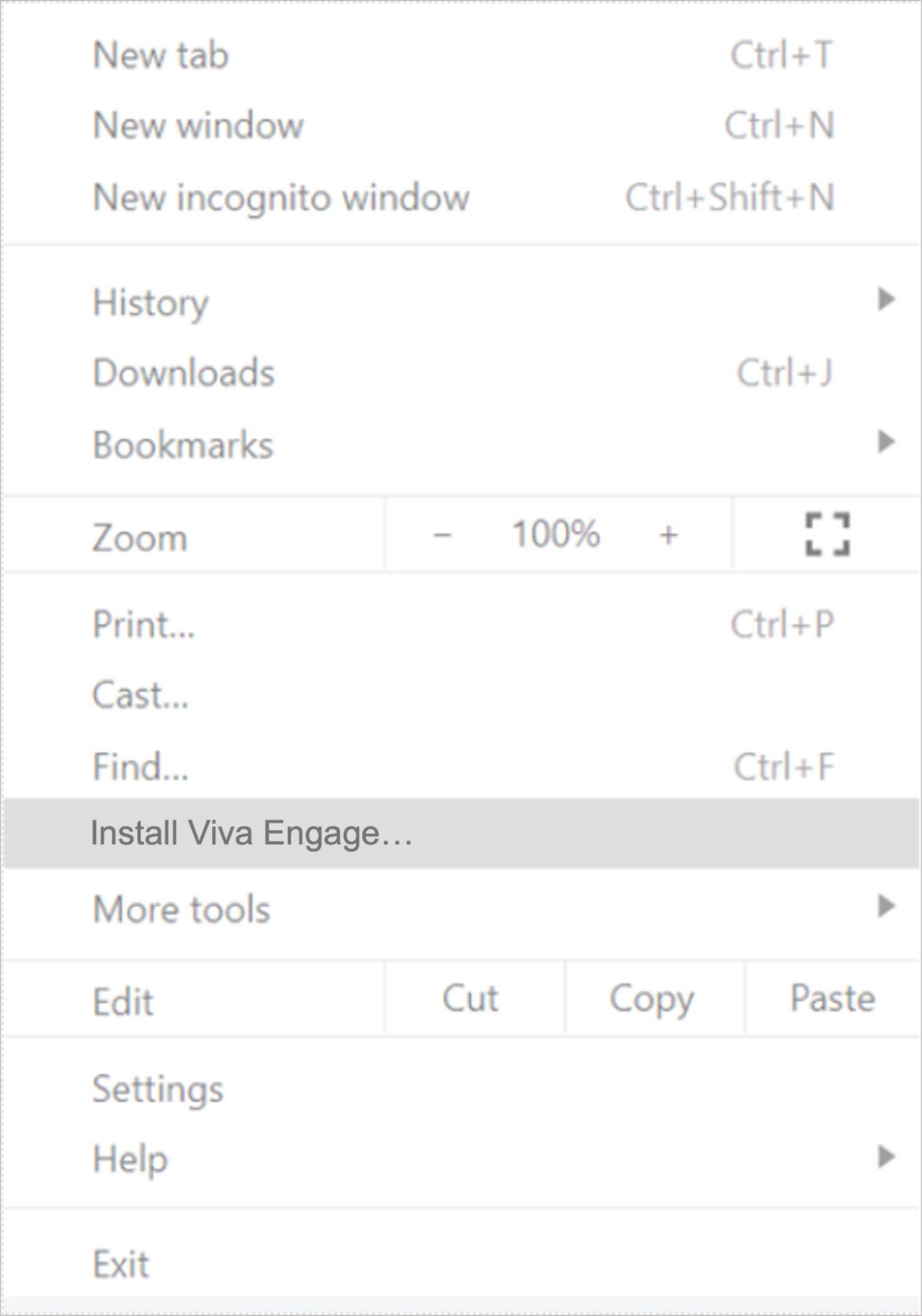 Screenshot shows how to use Chromes menu to install Viva Engage.