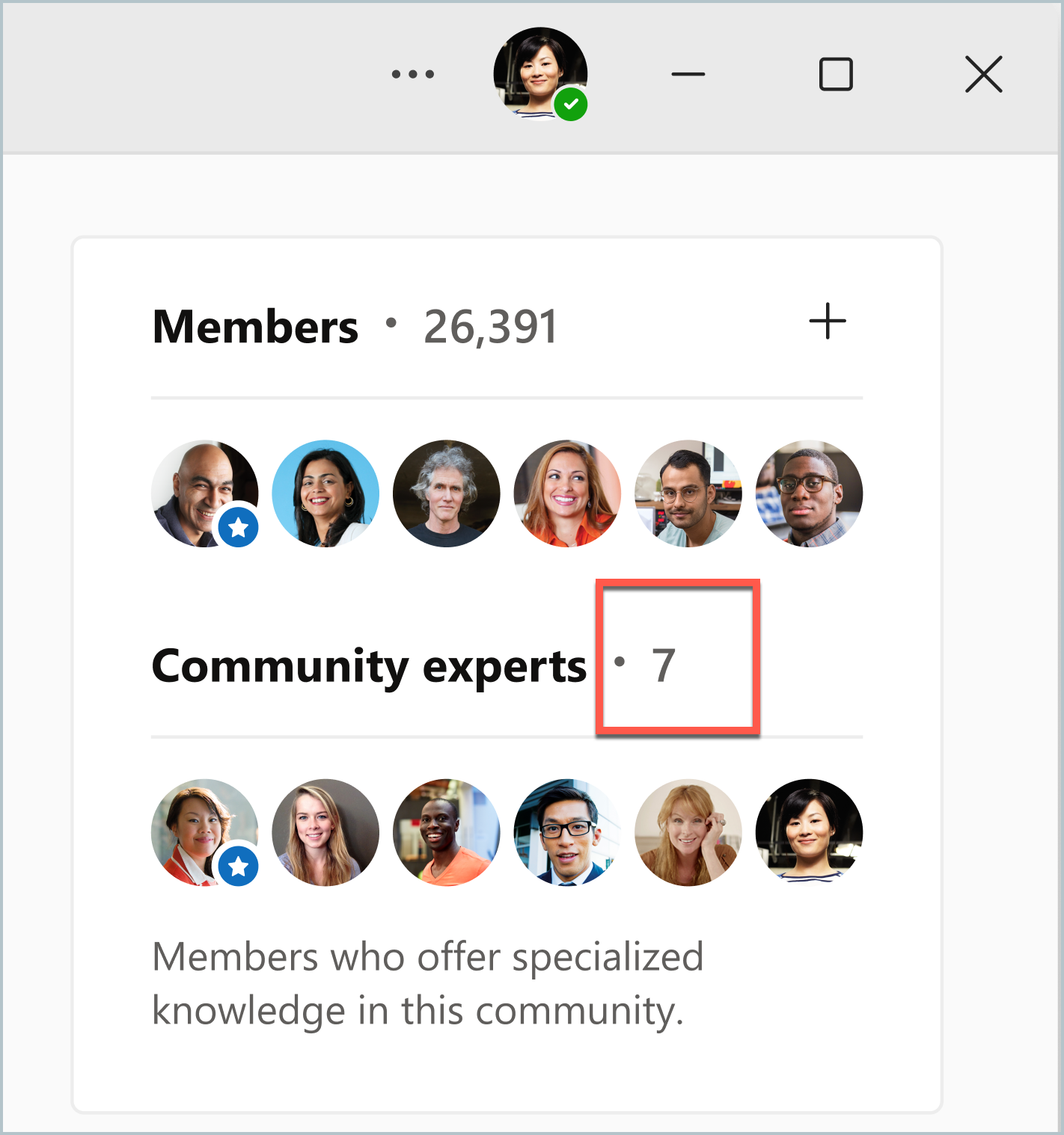 Screen of the community expert tile shows the number of experts which, when clicked, opens the option to withdraw from the role.
