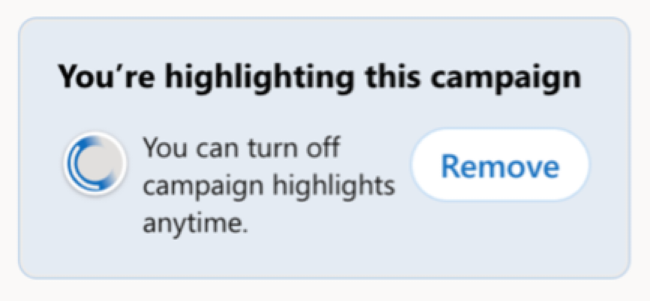 A module appears on your storyline to inform you that youre promoting the campaign by adding a sash to your profile.
