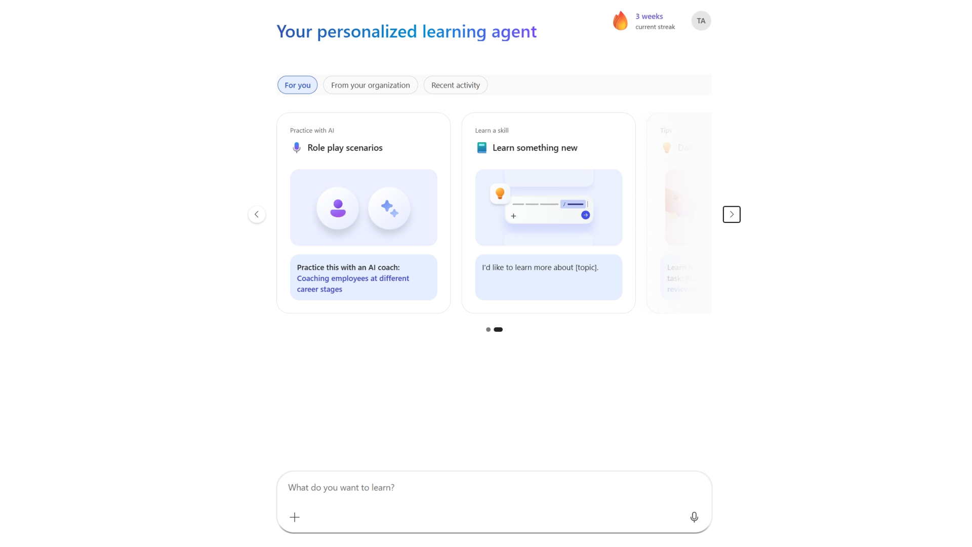 Figure 12. Role play scenarios card on the Learning Agent home page