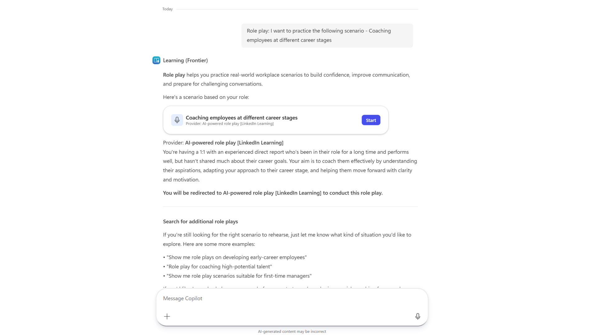 Figure 13. Agent presents role play scenario with Start button