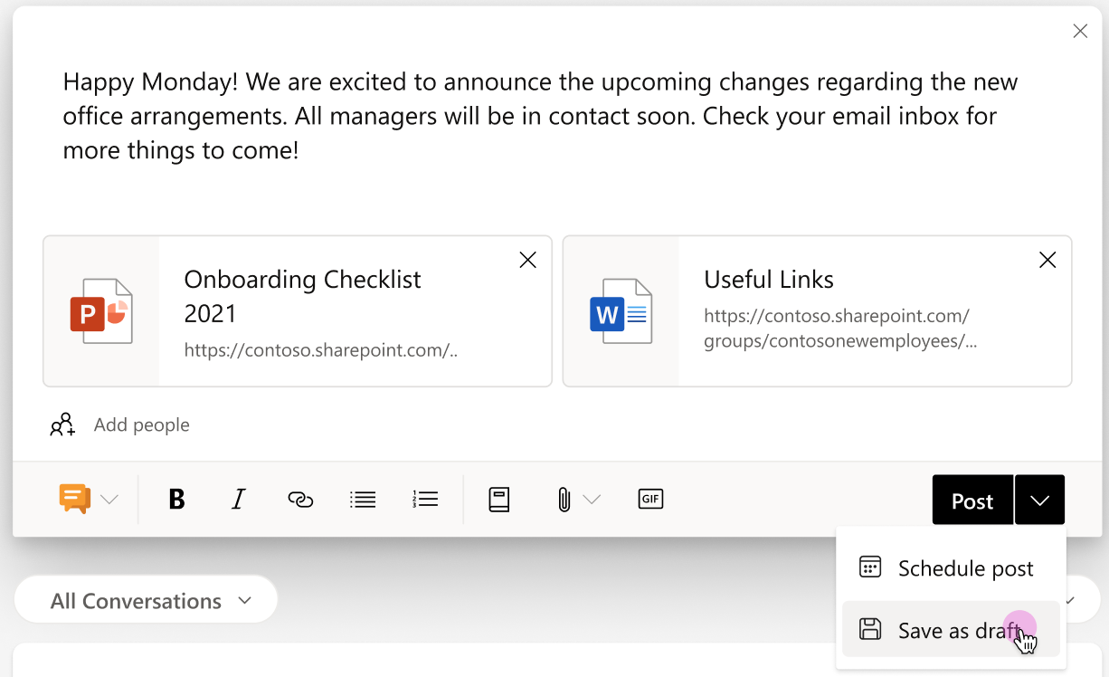 Screenshot showing save and schedule options from the Post menu.