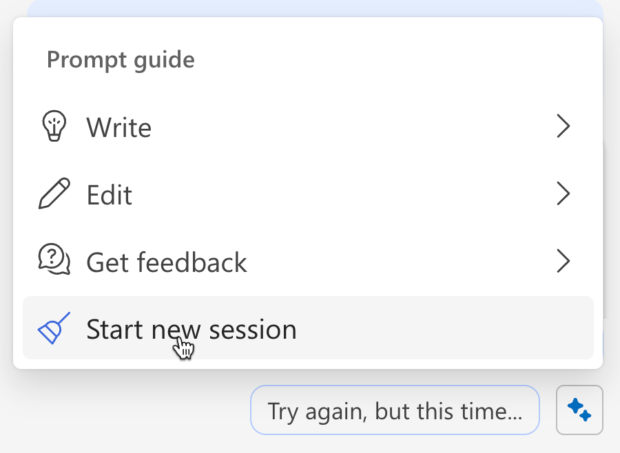 Screenshot shows how to clear Copilots memory from the sparkle menu.
