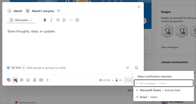 Screenshot of notification channels in a new storyline announcement