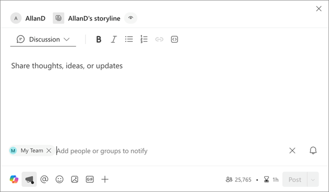 Screenshot showing where My Teams is presented in a new storyline announcement