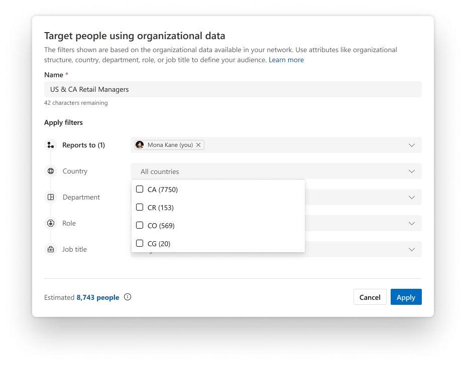 Image of step in Storyline Announcements audience definition flow to target people using organizational data