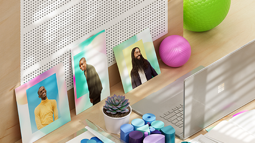 Image of desk with 3 photographs. One person in each photo. A computer and various colorful shapes