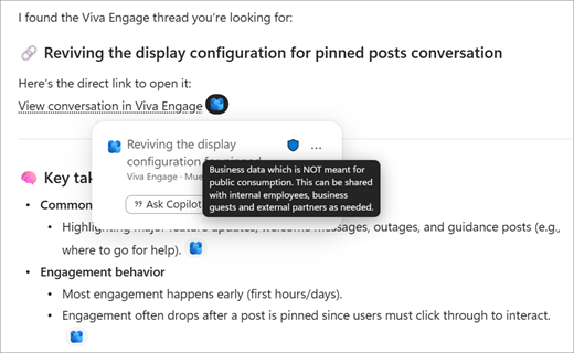 Screenshot that shows a search results page with a Viva Engage post containing a sensitivity label badge. A tooltip appears on mouse hover displaying the sensitivity label details and description.