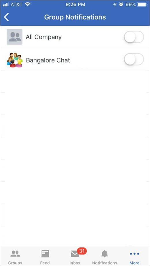 iOS Engage page for selecting groups to receive notifications from