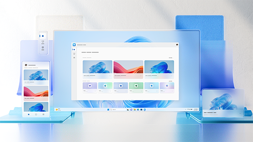 3D rendering of a windows desktop layout with multiple screens displaying different app interfaces.