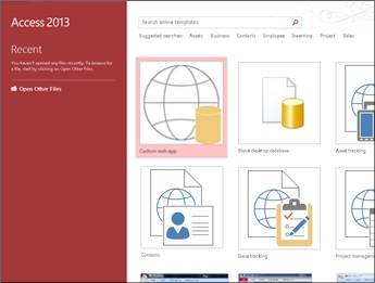 The Access welcome screen, showing the template search box and the Custom web app and Blank desktop database buttons